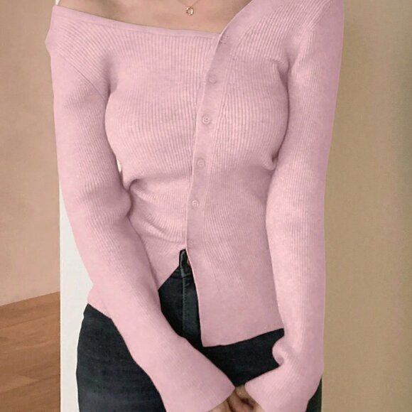 Pink Casual Womens Solid Asymmetrical Neck Button Through Ribbed Knit Cardigan - Picture 3 of 4